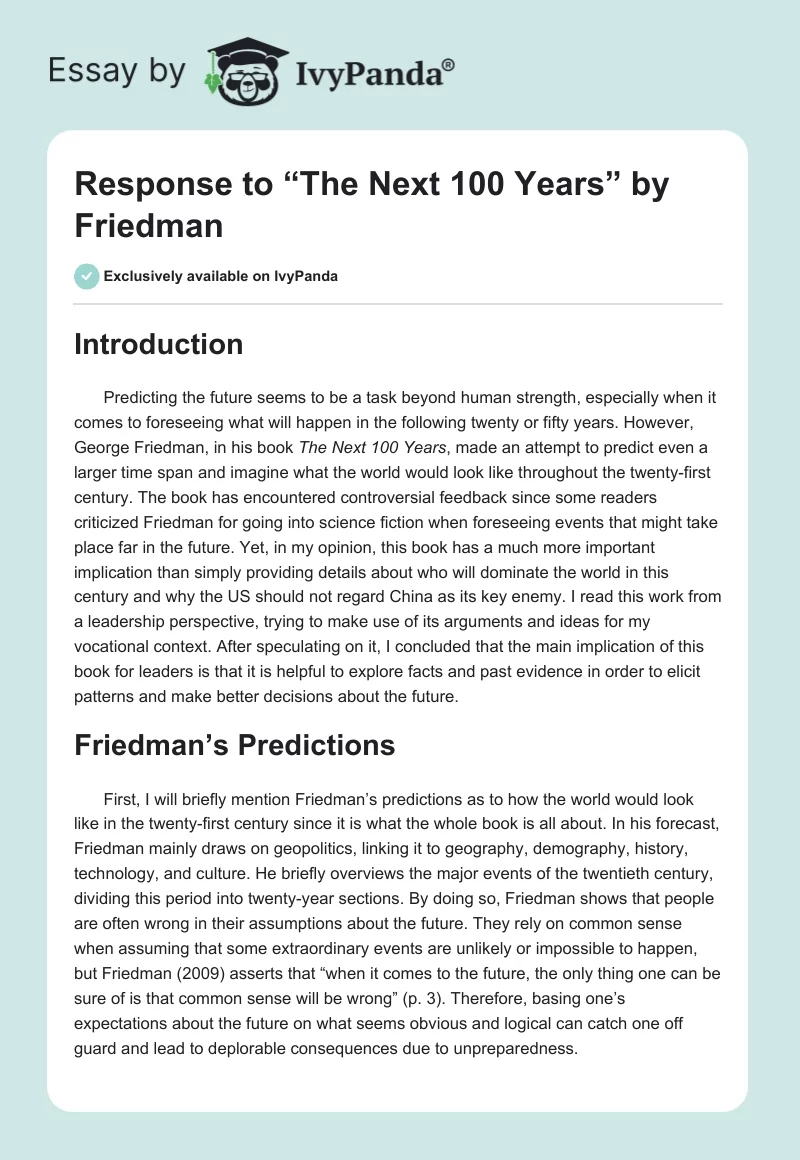 Response to “The Next 100 Years” by Friedman. Page 1
