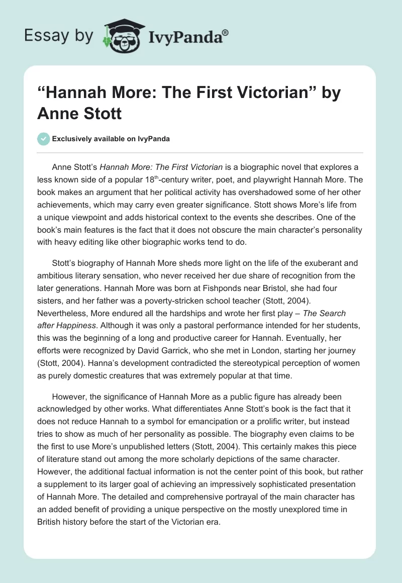 “Hannah More: The First Victorian” by Anne Stott. Page 1