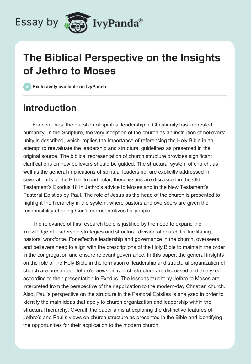 The Biblical Perspective on the Insights of Jethro to Moses. Page 1