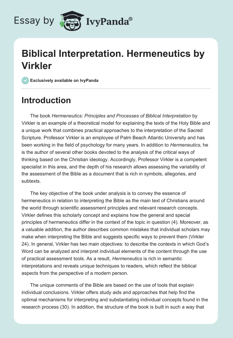 Biblical Interpretation. Hermeneutics by Virkler. Page 1