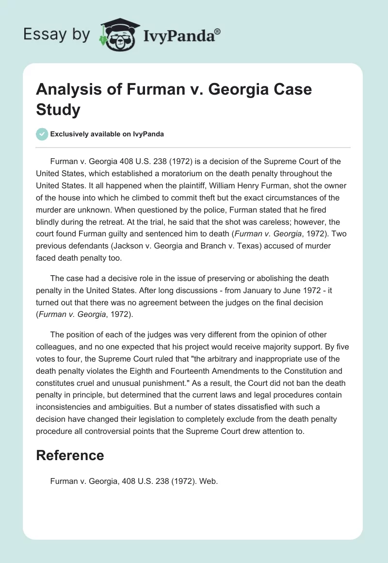 Analysis of Furman v. Georgia Case Study. Page 1