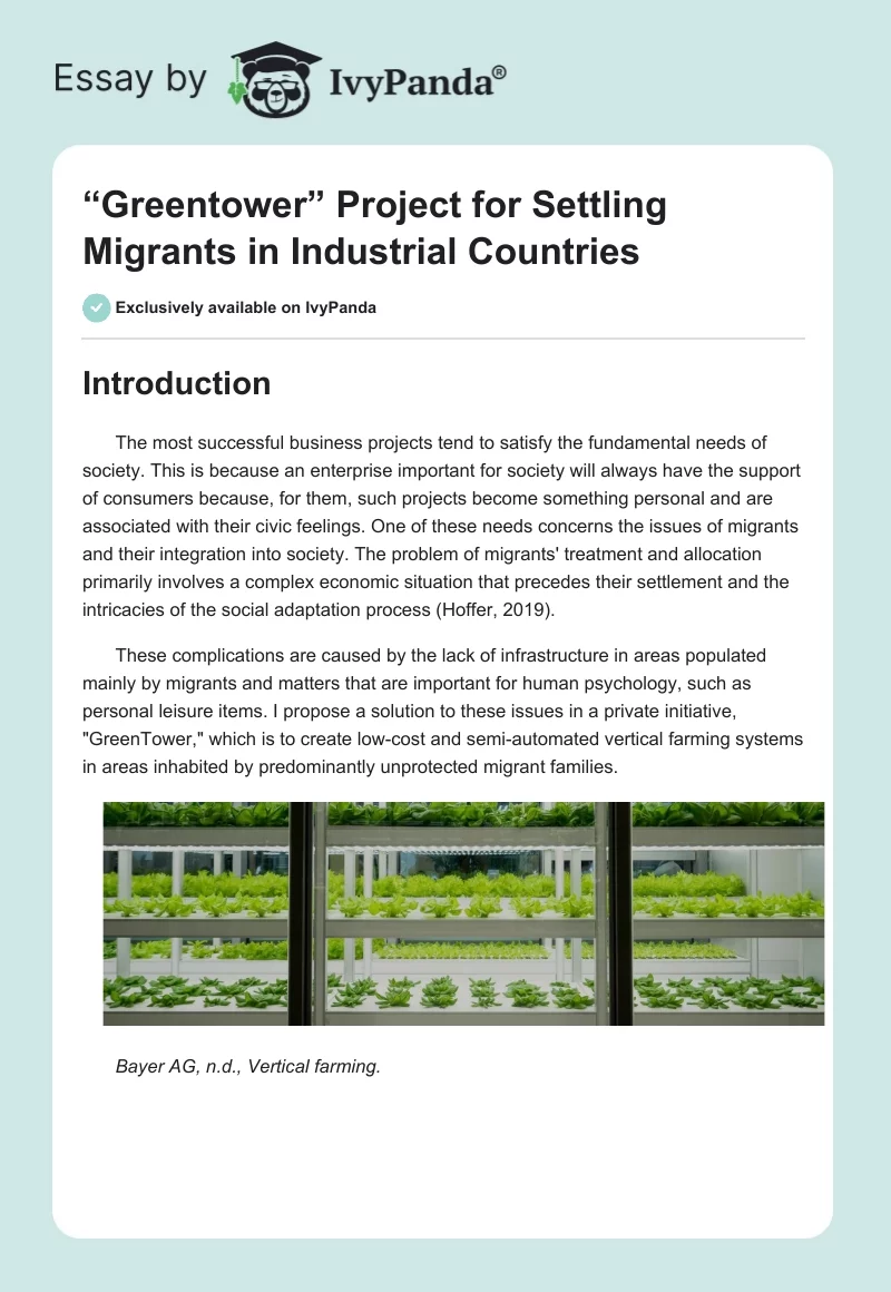 “Greentower” Project for Settling Migrants in Industrial Countries. Page 1