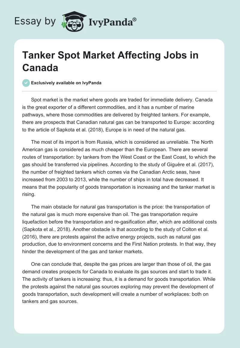 Tanker Spot Market Affecting Jobs in Canada. Page 1