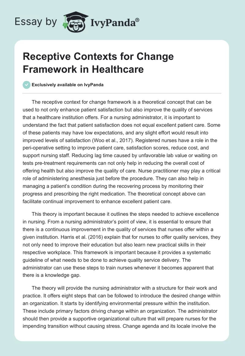 Receptive Contexts for Change Framework in Healthcare. Page 1