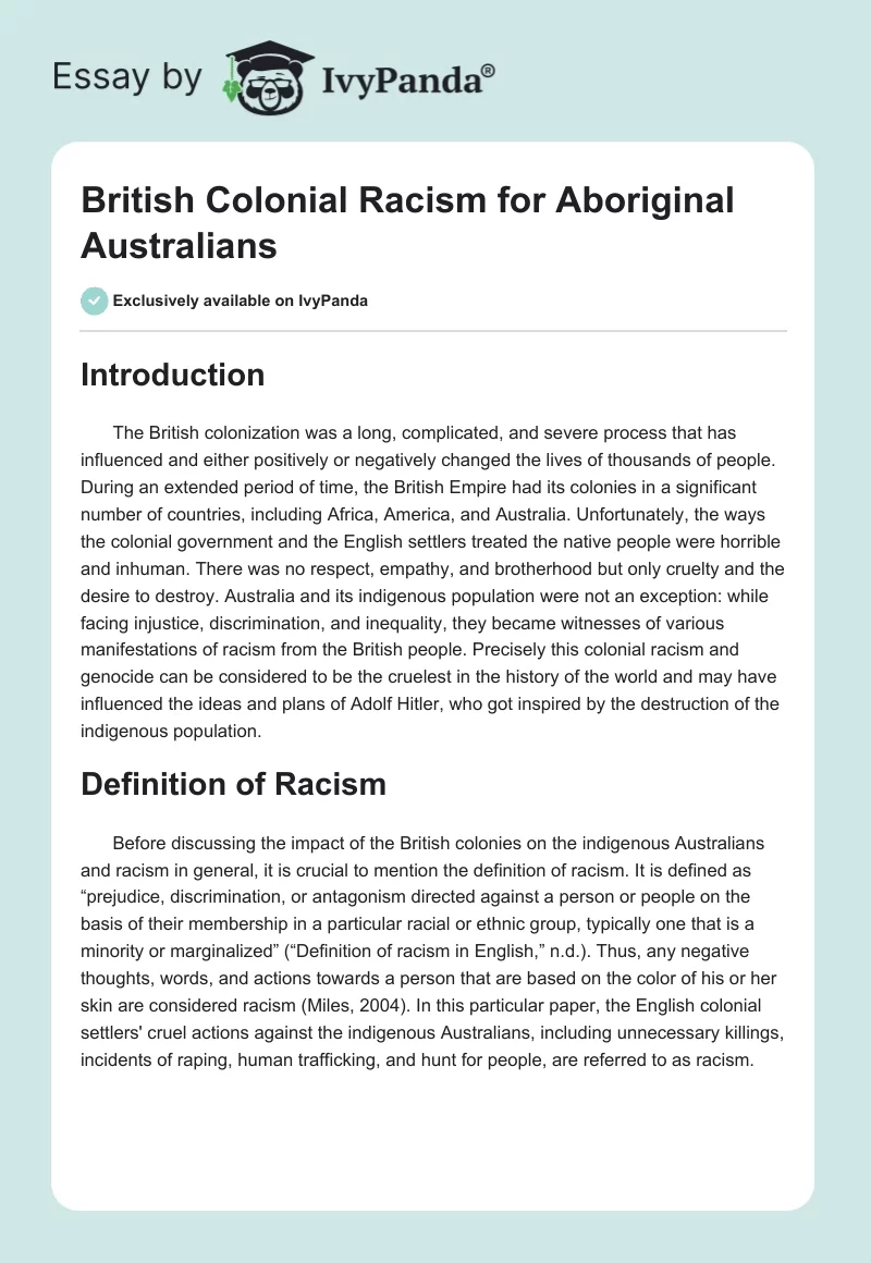 British Colonial Racism for Aboriginal Australians. Page 1