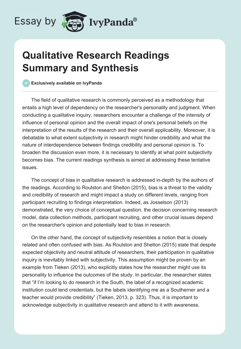 Qualitative Research Readings Summary and Synthesis. Page 1