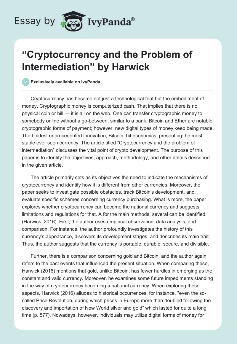 “Cryptocurrency and the Problem of Intermediation” by Harwick. Page 1