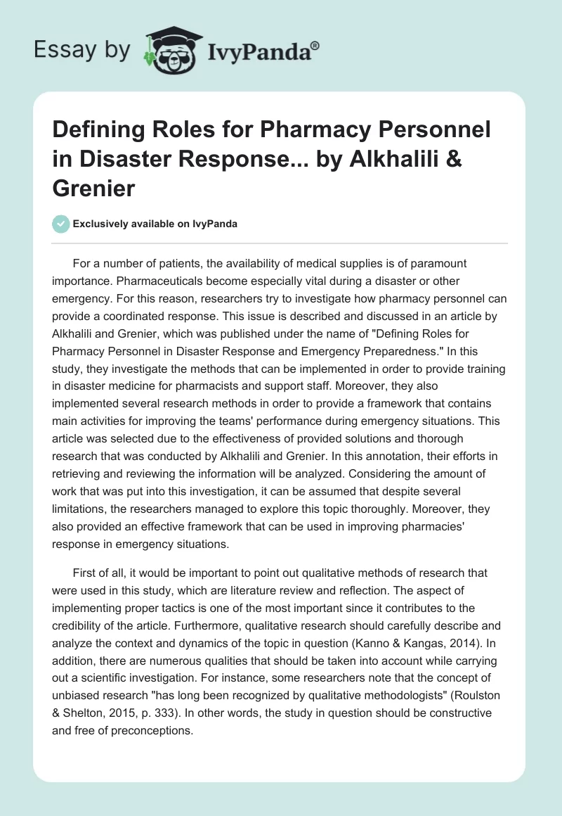 "Defining Roles for Pharmacy Personnel in Disaster Response..." by Alkhalili & Grenier. Page 1