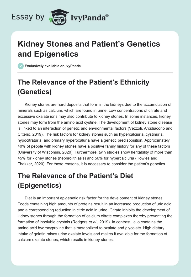Kidney Stones and Patient’s Genetics and Epigenetics. Page 1