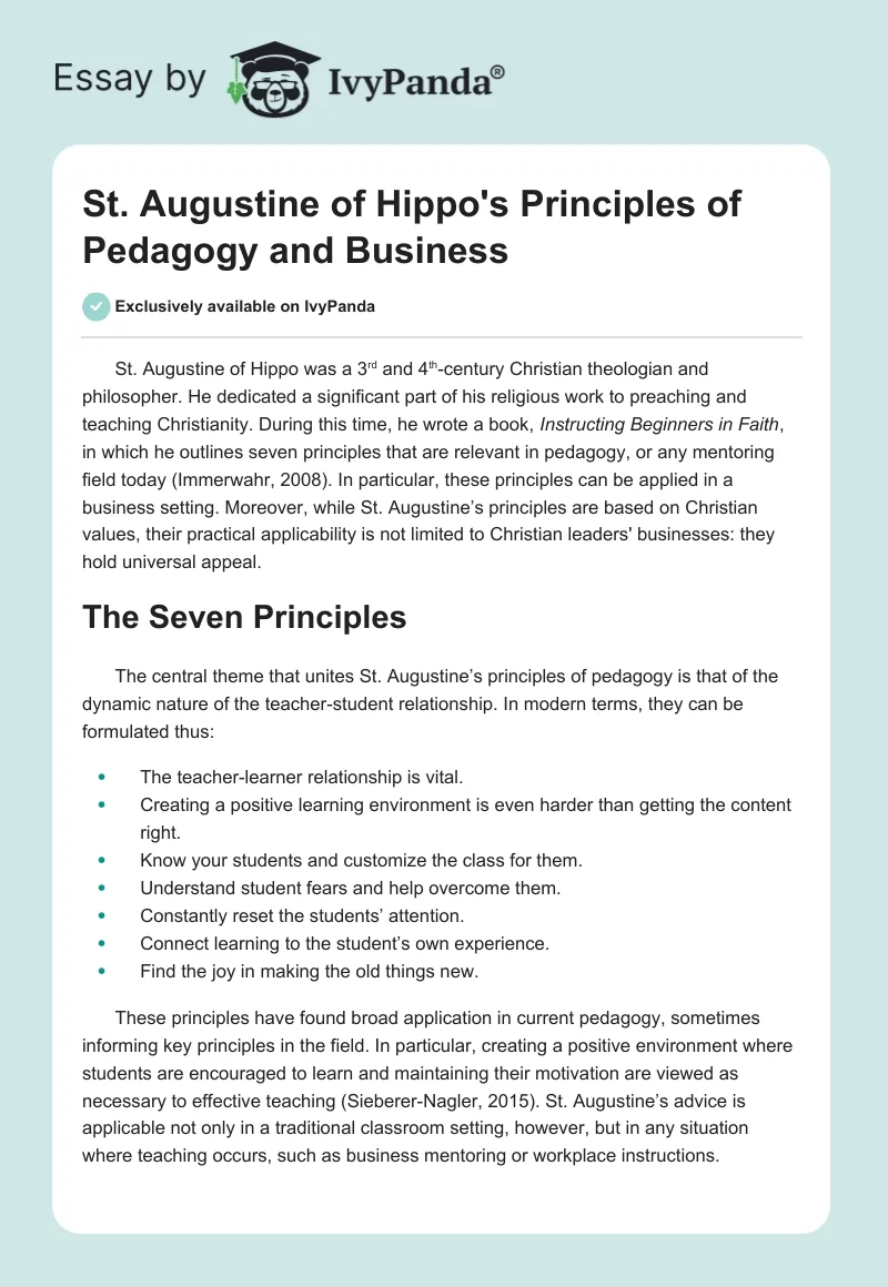 St. Augustine of Hippo's Principles of Pedagogy and Business. Page 1