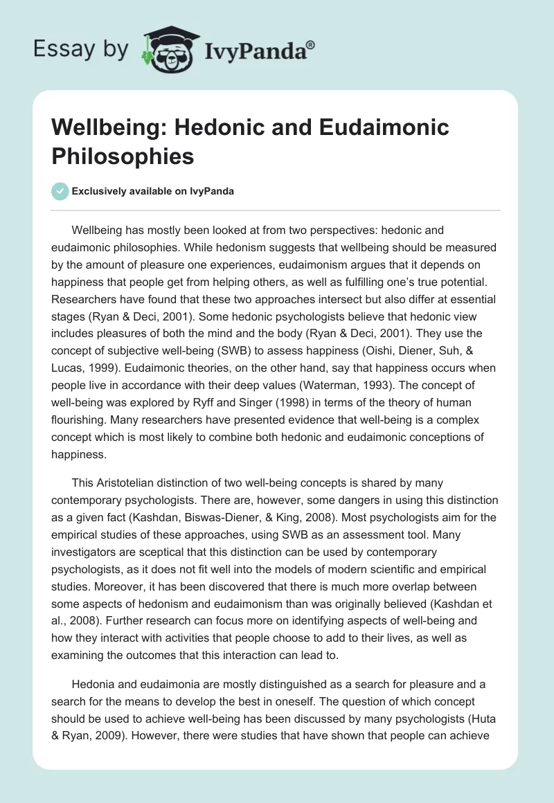Wellbeing: Hedonic and Eudaimonic Philosophies. Page 1