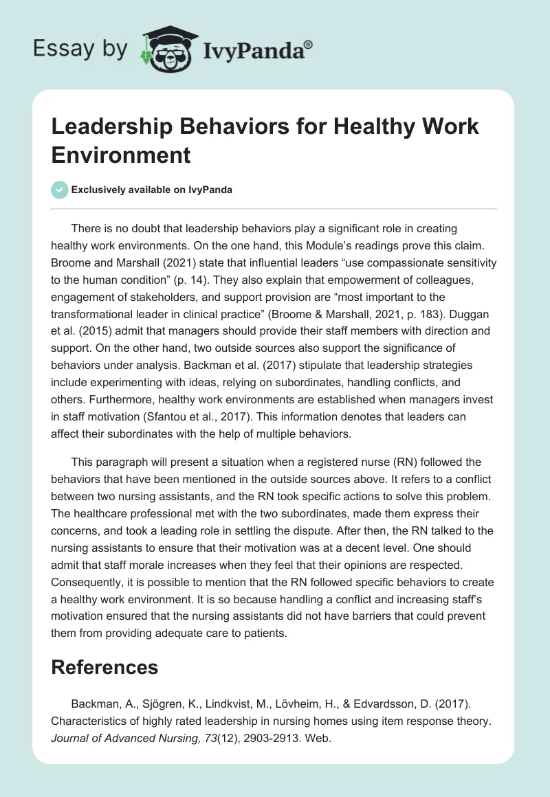 Leadership Behaviors for Healthy Work Environment. Page 1