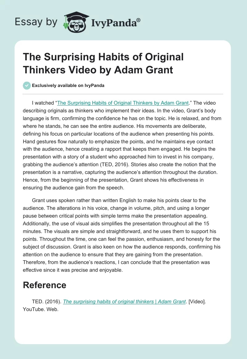"The Surprising Habits of Original Thinkers" Video by Adam Grant. Page 1