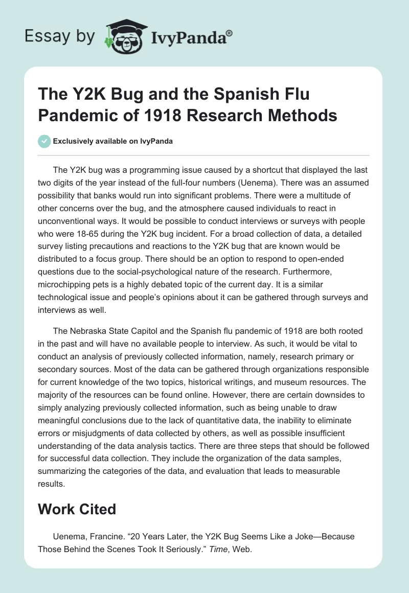 The Y2K Bug and the Spanish Flu Pandemic of 1918 Research Methods. Page 1