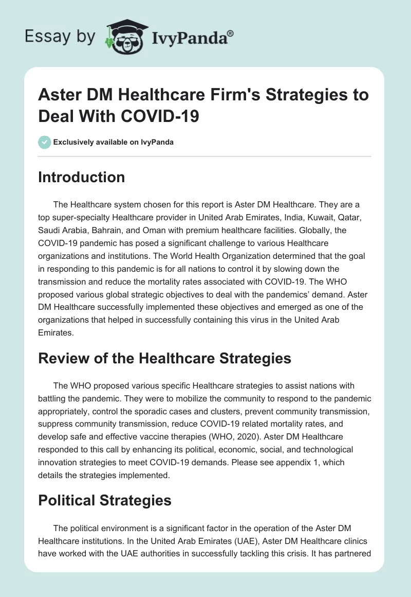 Aster DM Healthcare Firm's Strategies to Deal With COVID-19. Page 1