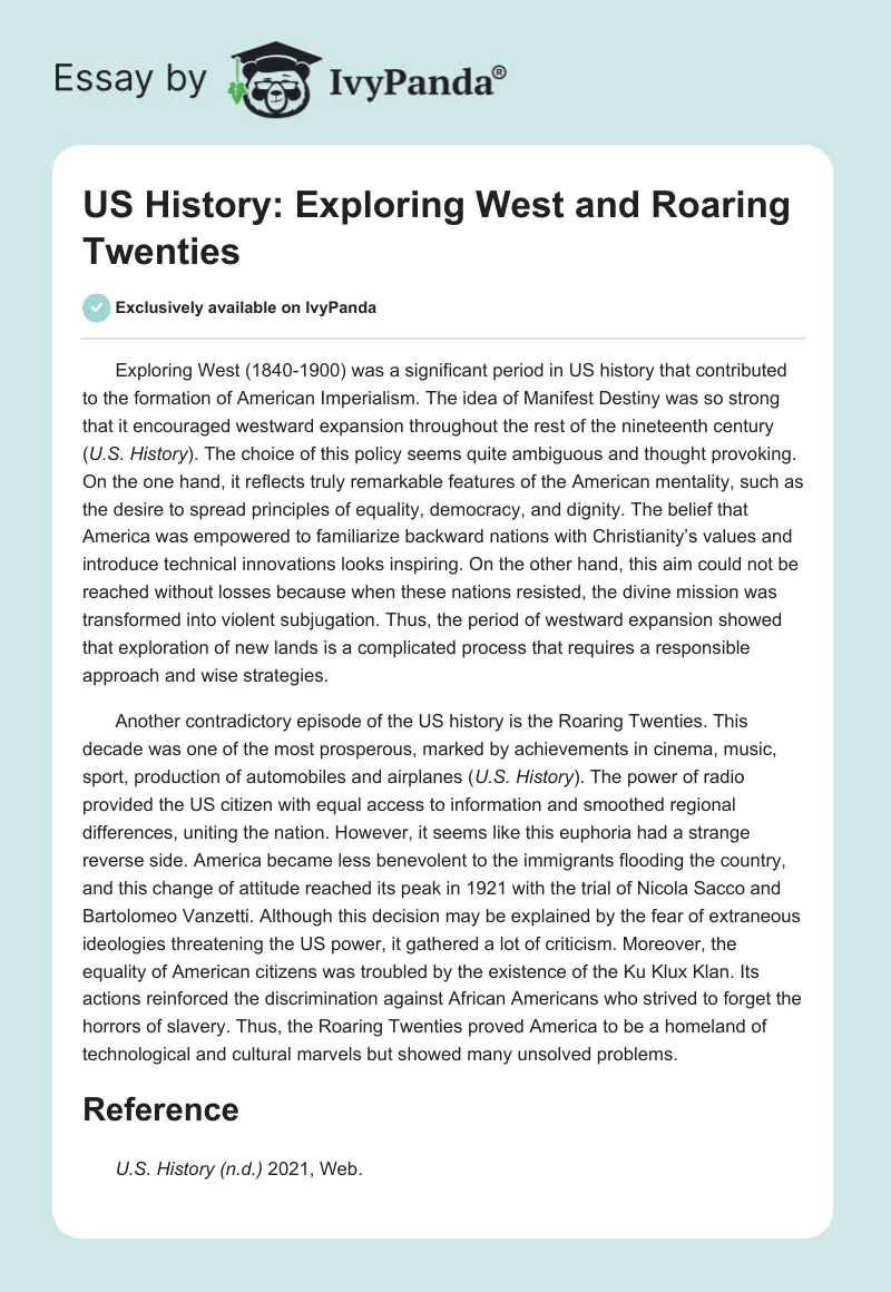 US History: Exploring West and Roaring Twenties. Page 1