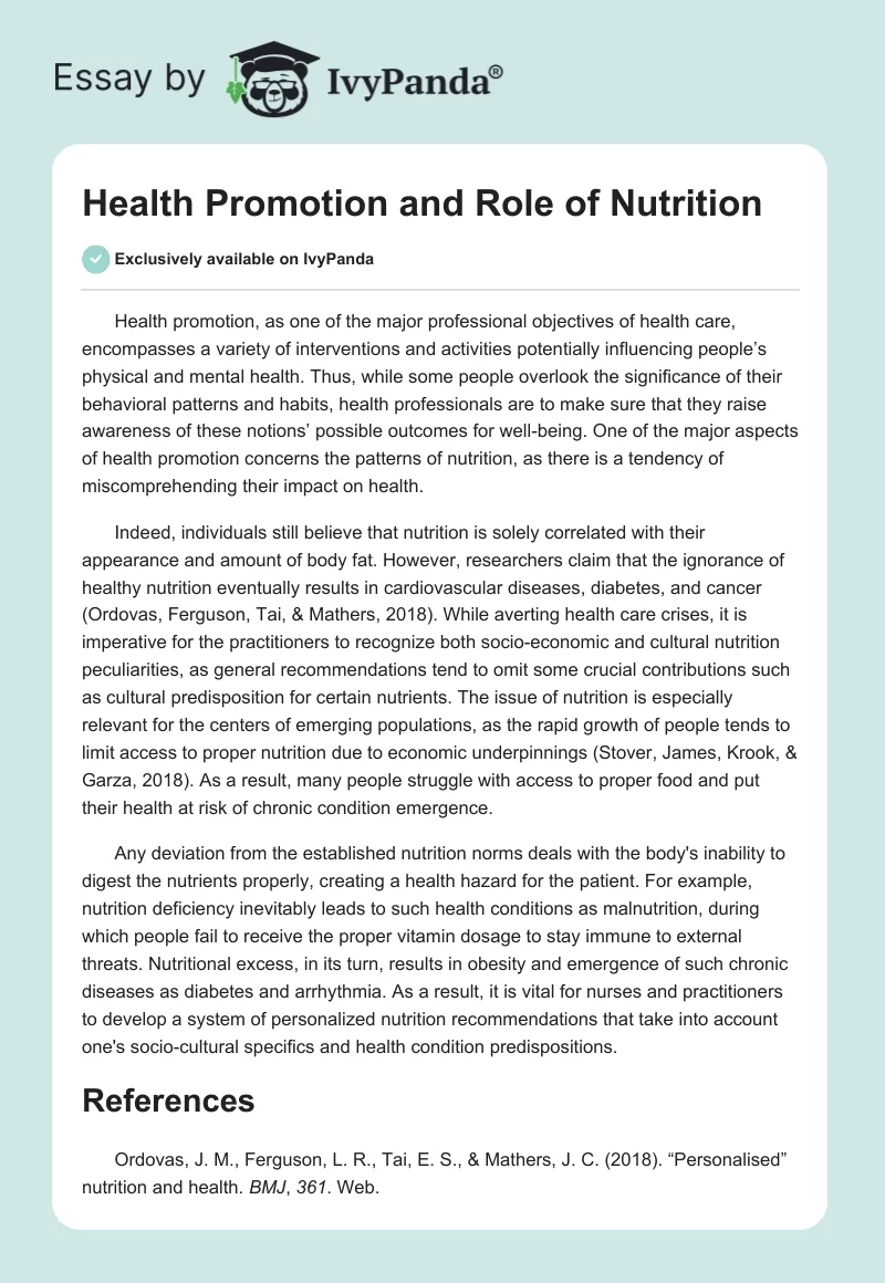Health Promotion and Role of Nutrition. Page 1