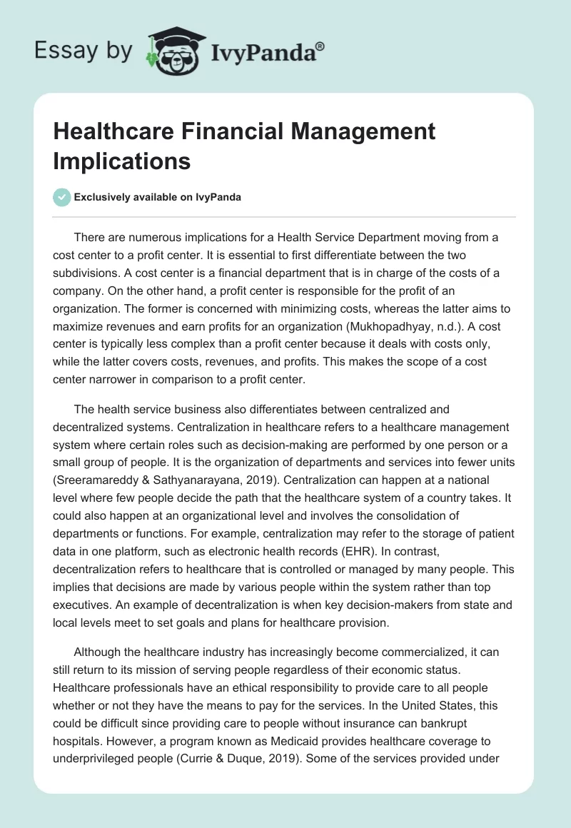 Healthcare Financial Management Implications. Page 1
