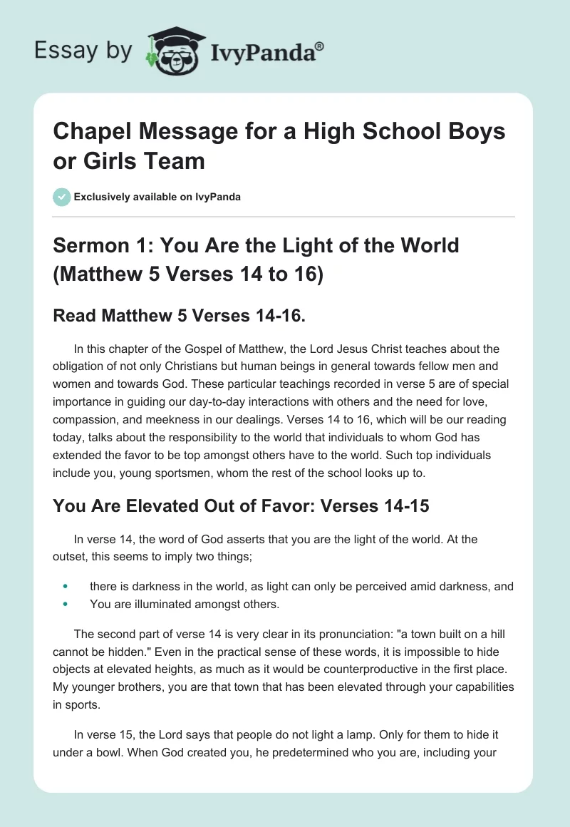 Chapel Message for a High School Boys or Girls Team. Page 1