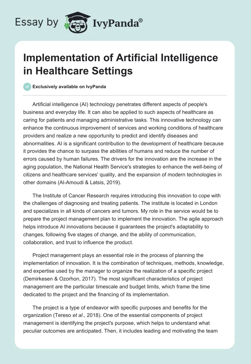 Implementation of Artificial Intelligence in Healthcare Settings. Page 1