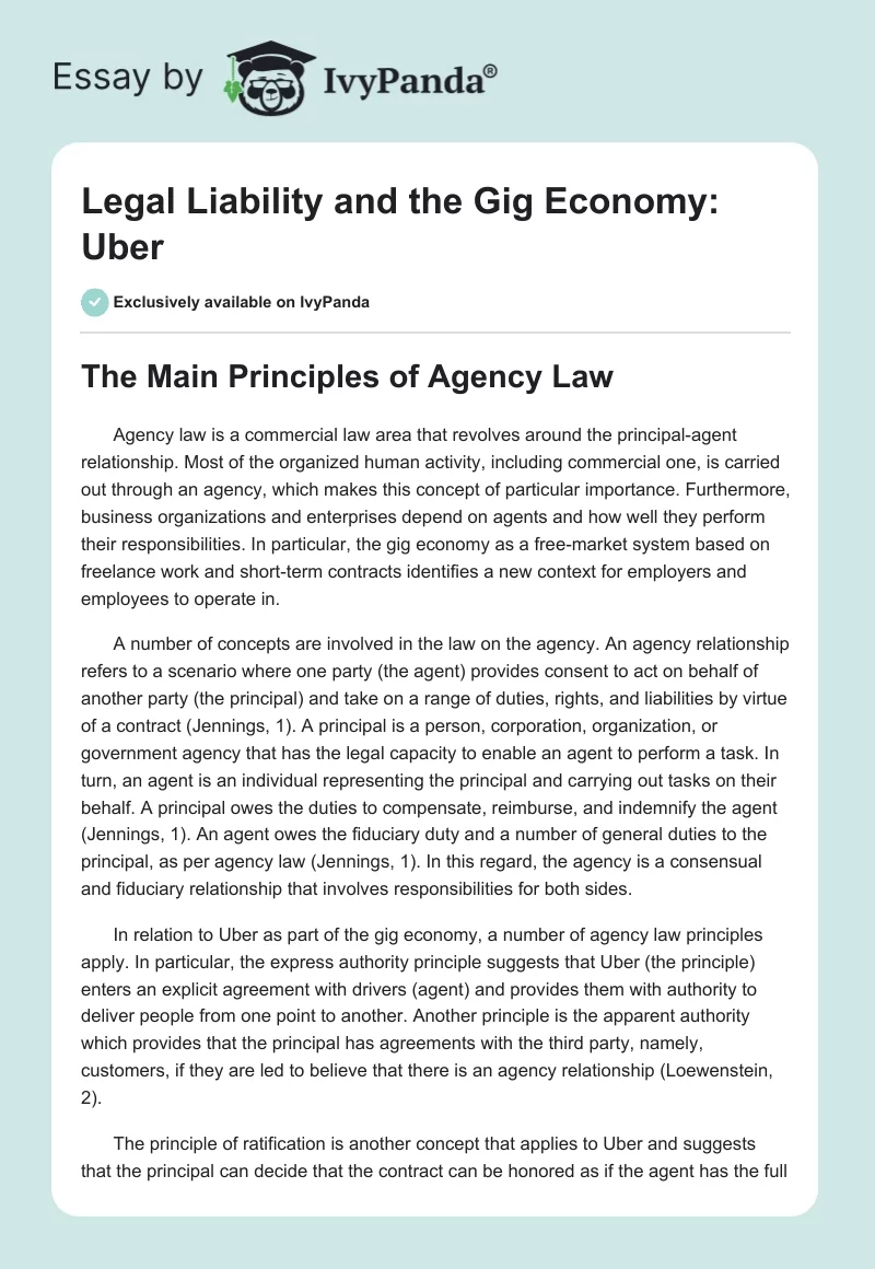Legal Liability and the Gig Economy: Uber. Page 1