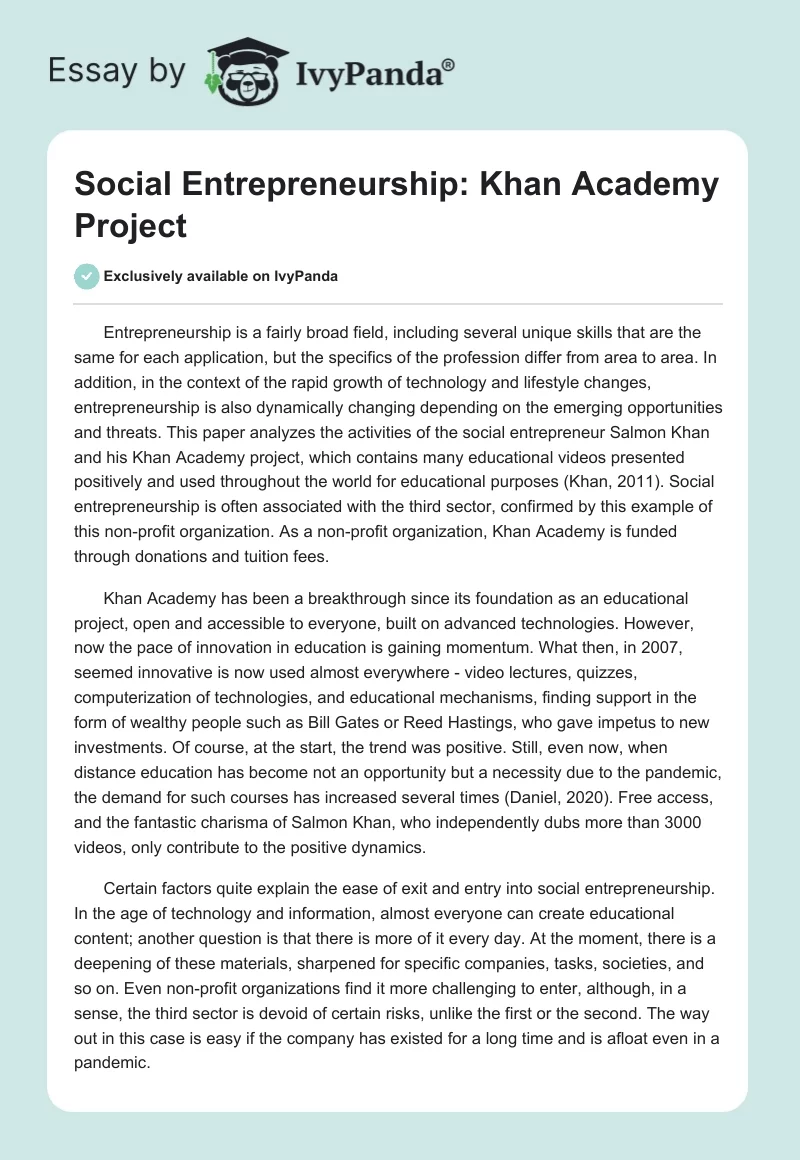 Social Entrepreneurship: Khan Academy Project. Page 1