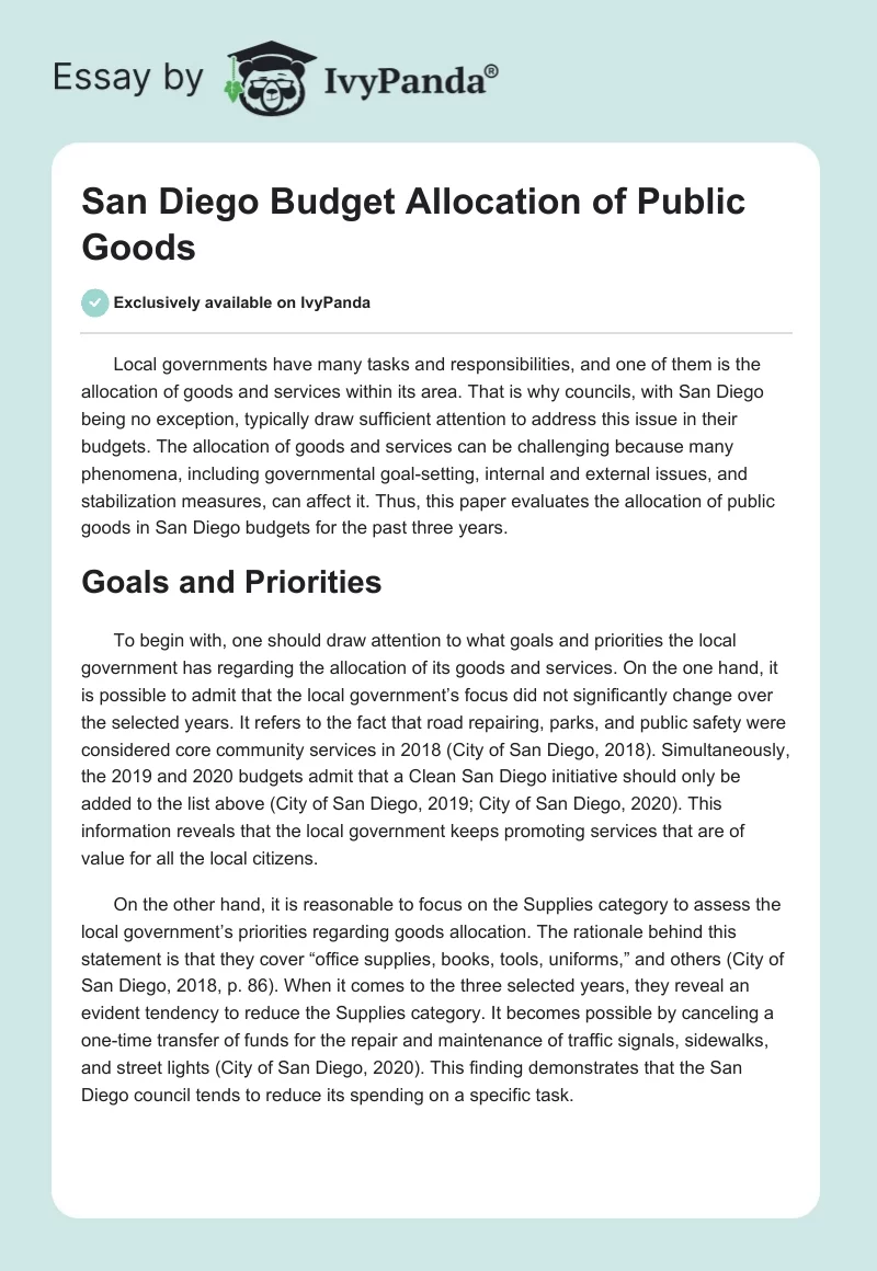 San Diego Budget Allocation of Public Goods. Page 1
