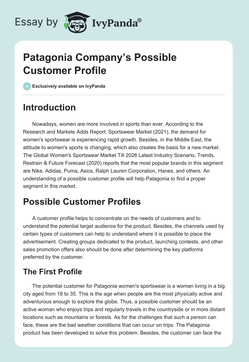 Patagonia Company’s Possible Customer Profile. Page 1
