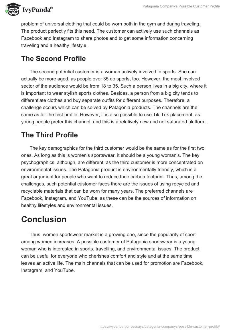 Patagonia Company’s Possible Customer Profile. Page 2