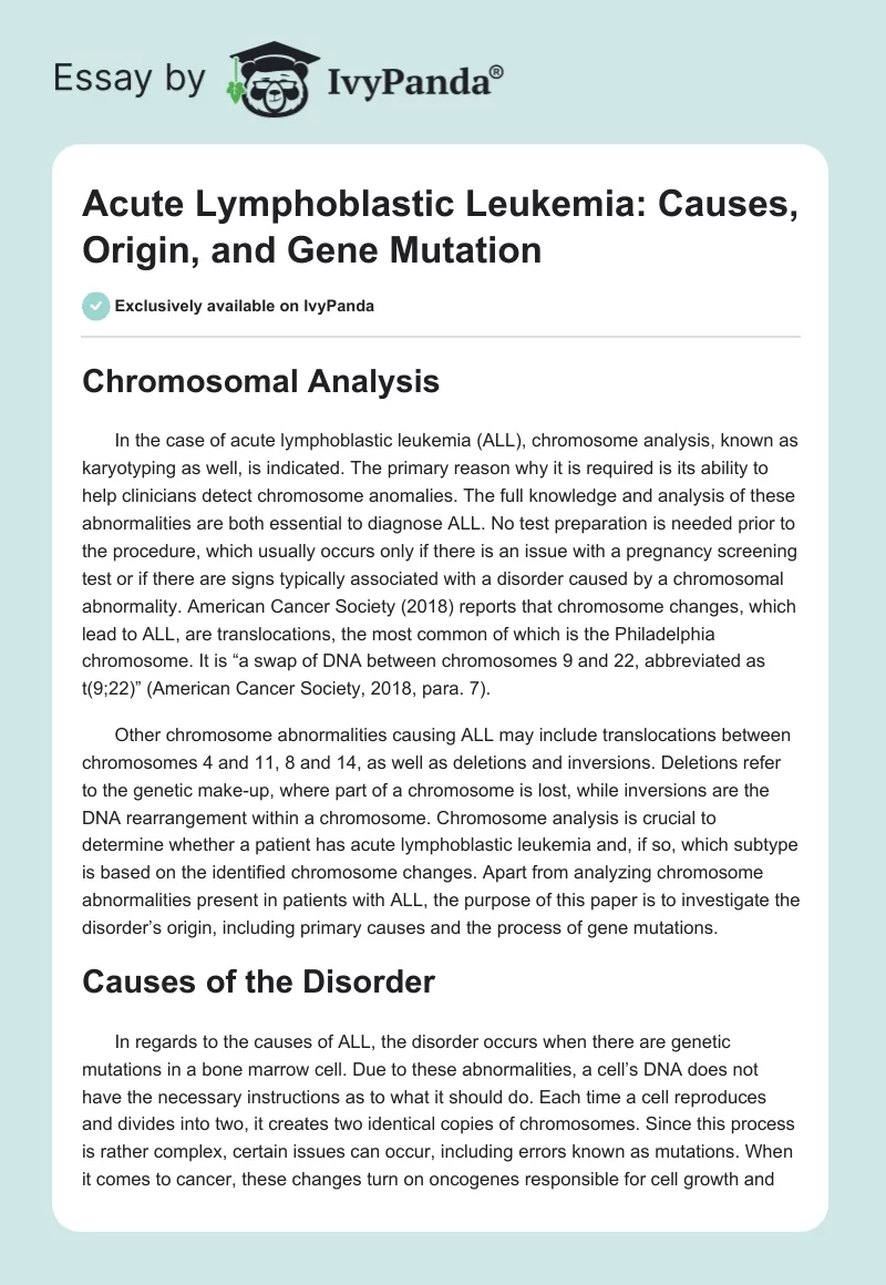 Acute Lymphoblastic Leukemia: Causes, Origin, and Gene Mutation. Page 1