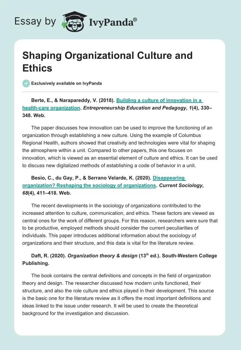 Shaping Organizational Culture and Ethics. Page 1