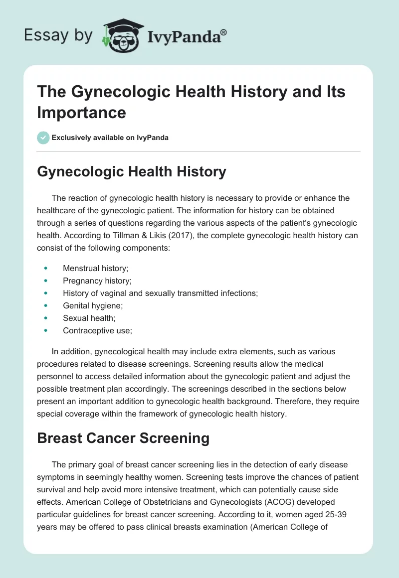 The Gynecologic Health History and Its Importance. Page 1
