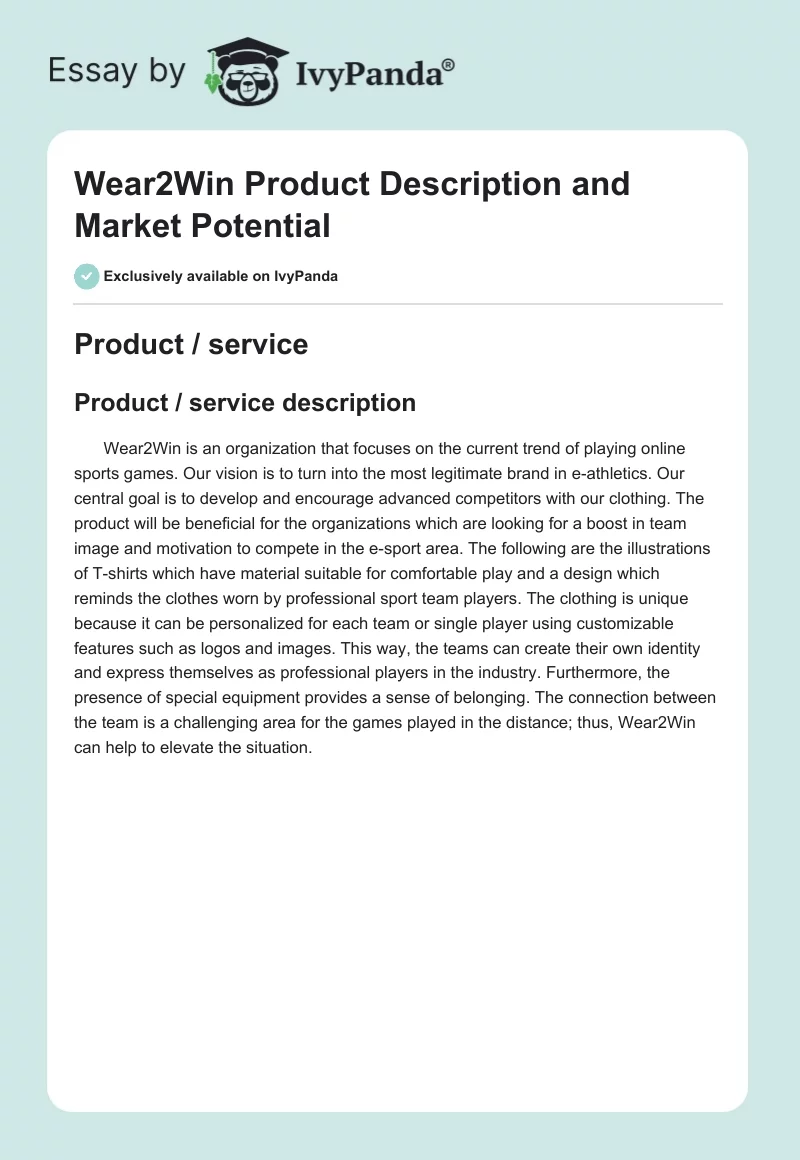 Wear2Win Product Description and Market Potential. Page 1