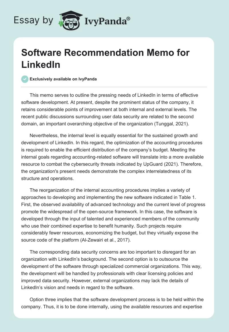 Software Recommendation Memo for LinkedIn. Page 1