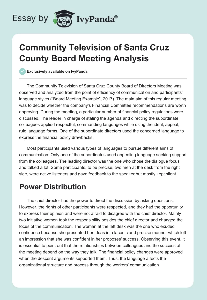 Community Television of Santa Cruz County Board Meeting Analysis. Page 1