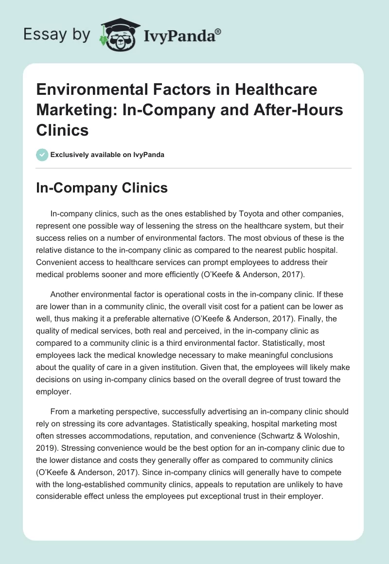 Environmental Factors in Healthcare Marketing: In-Company and After-Hours Clinics. Page 1