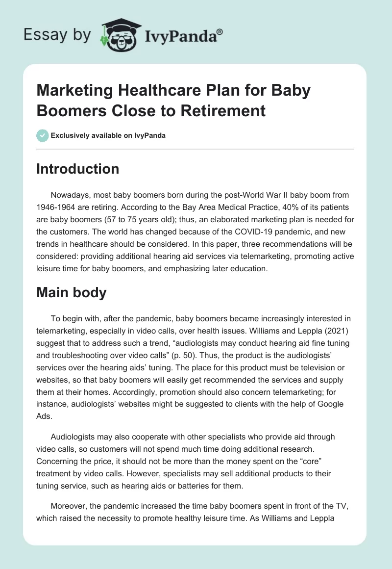 Marketing Healthcare Plan for Baby Boomers Close to Retirement. Page 1