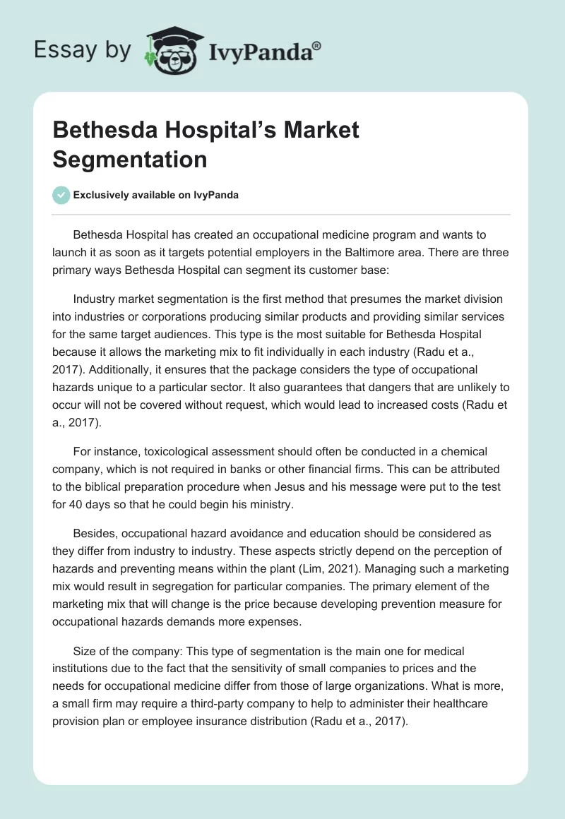 Bethesda Hospital’s Market Segmentation. Page 1