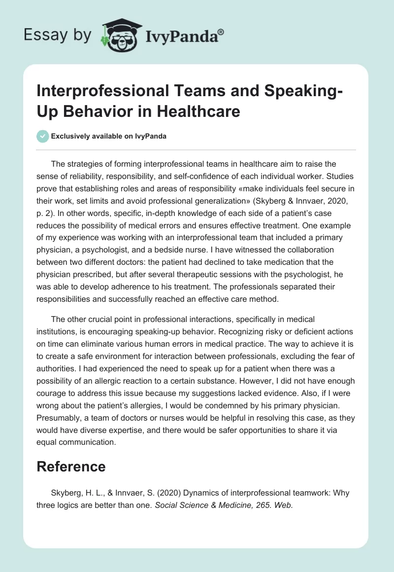 Interprofessional Teams and Speaking-Up Behavior in Healthcare. Page 1