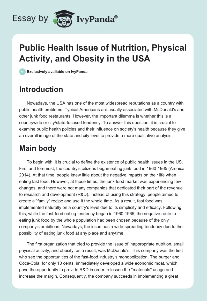 Public Health Issue of Nutrition, Physical Activity, and Obesity in the USA. Page 1