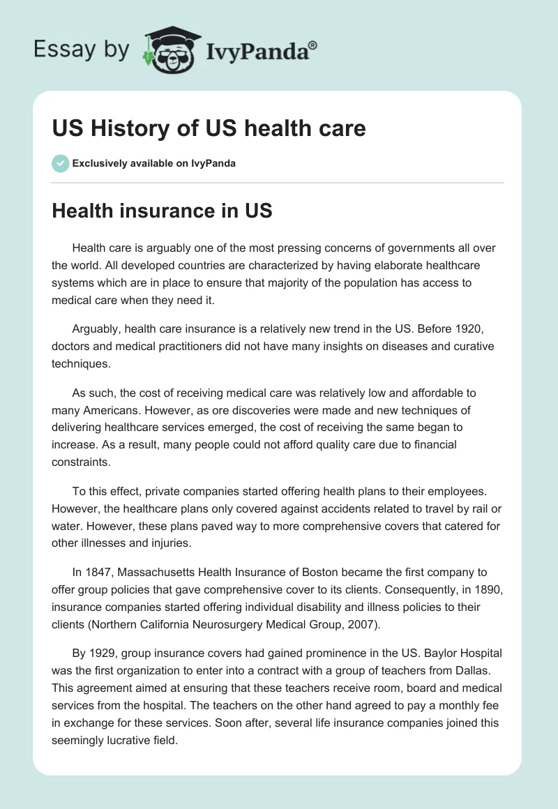 US History of US health care. Page 1