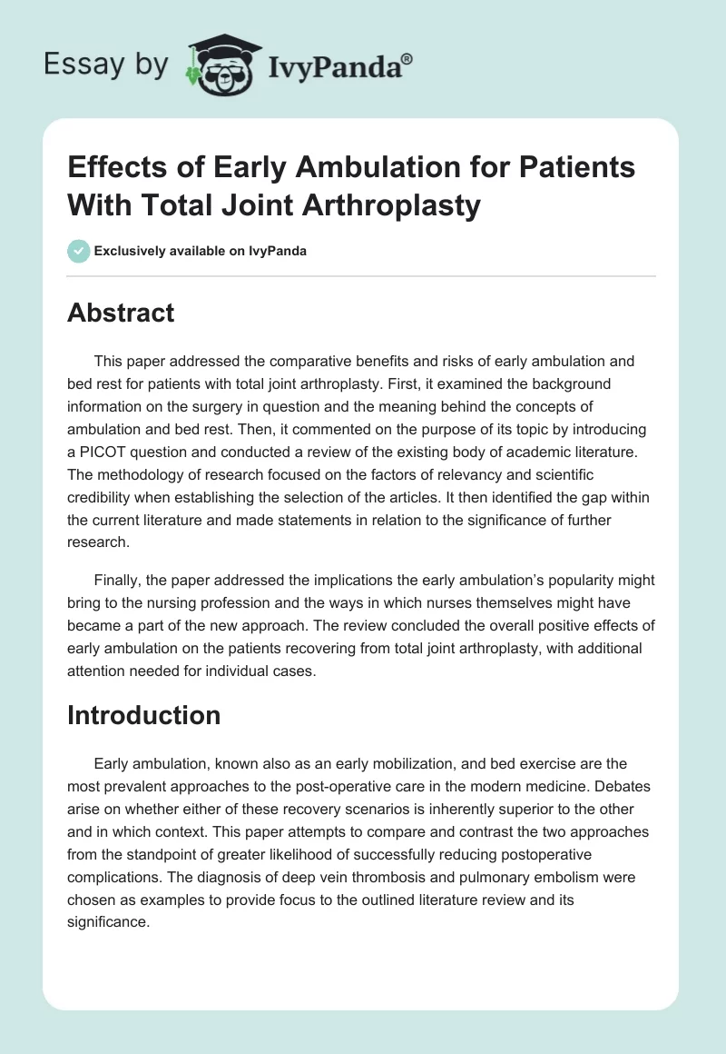 Effects of Early Ambulation for Patients With Total Joint Arthroplasty. Page 1
