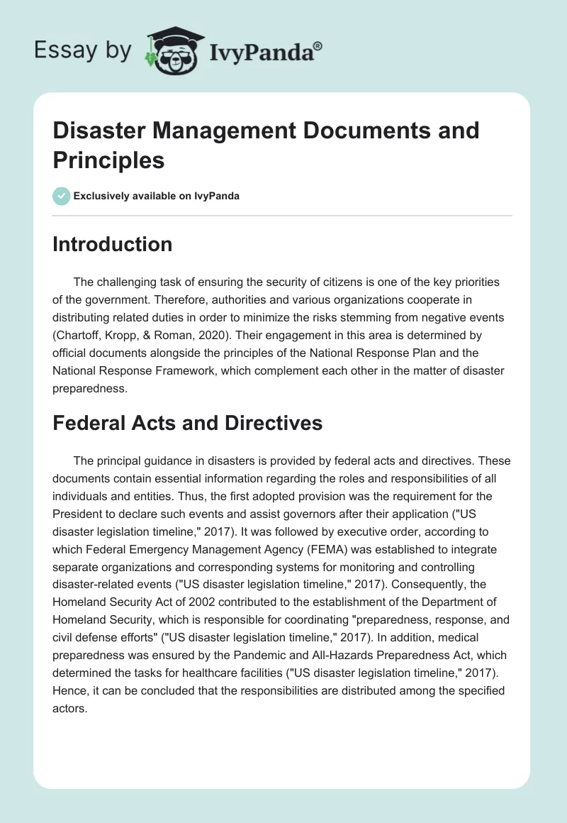 Disaster Management Documents and Principles. Page 1