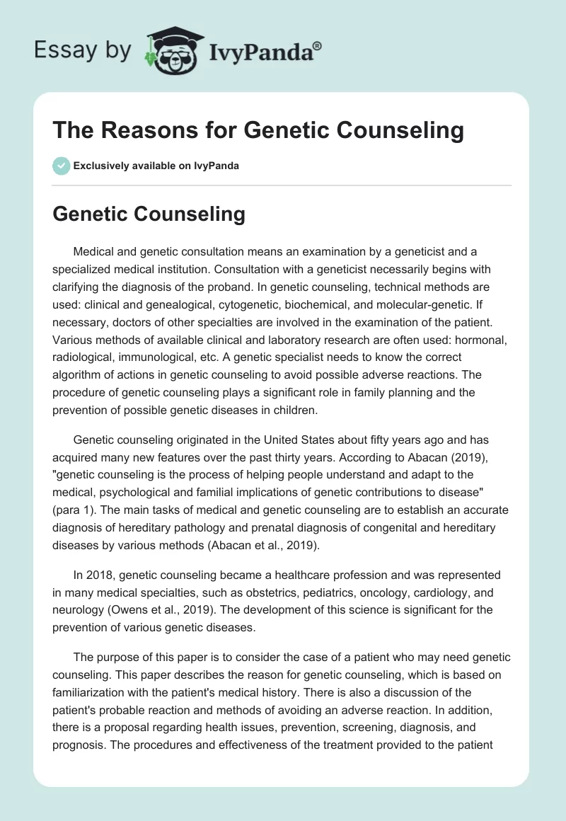 The Reasons for Genetic Counseling. Page 1