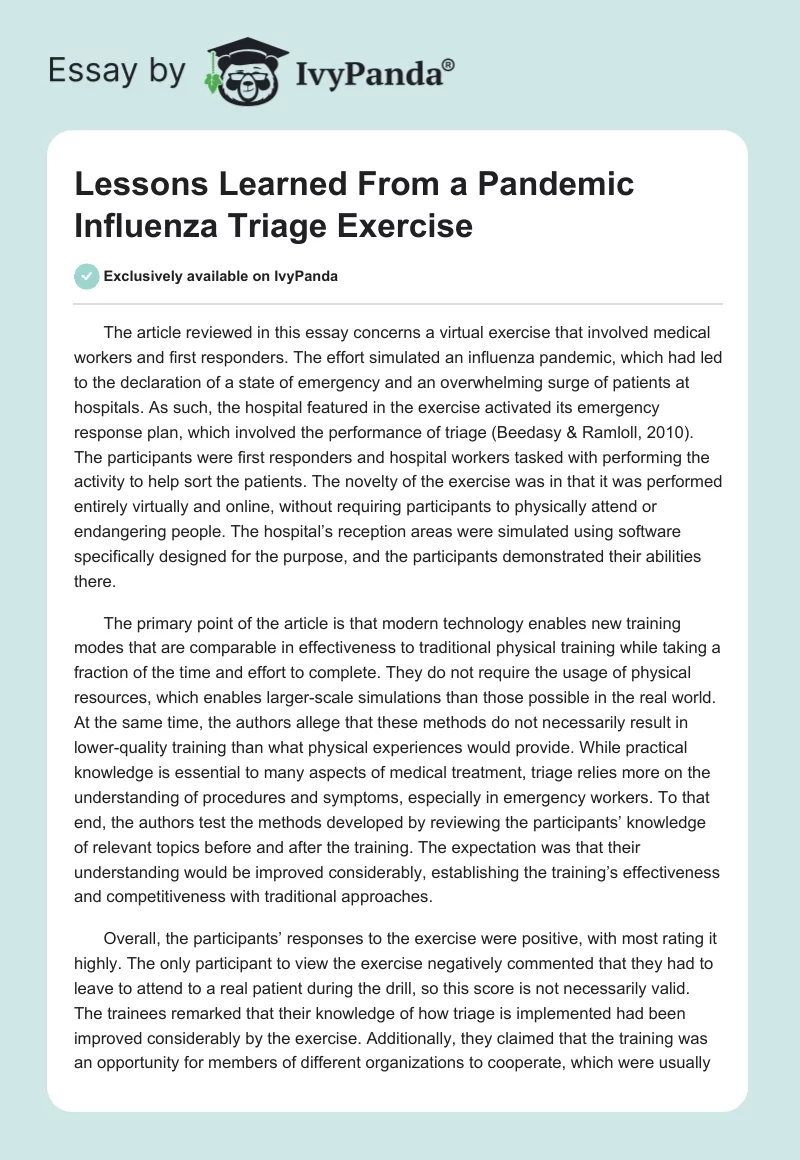 Lessons Learned From a Pandemic Influenza Triage Exercise. Page 1