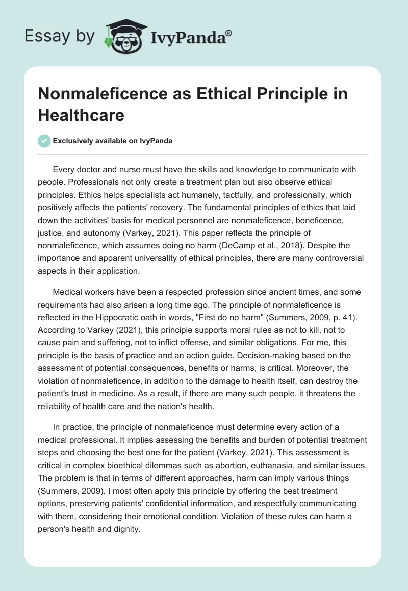 Nonmaleficence as Ethical Principle in Healthcare. Page 1