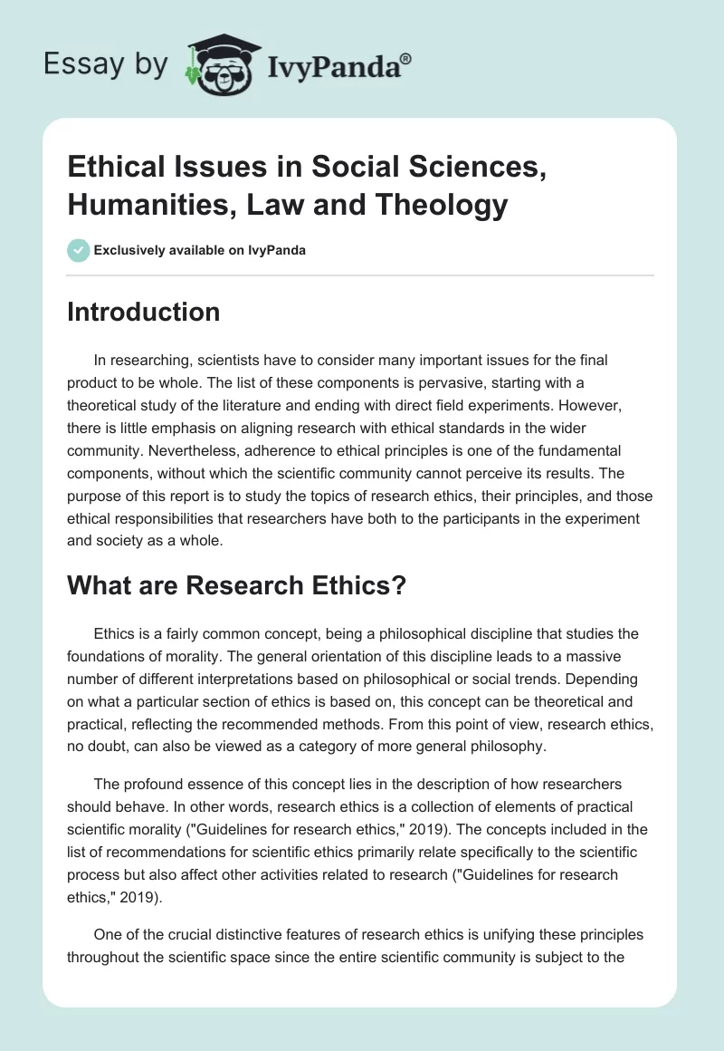 Ethical Issues in Social Sciences, Humanities, Law and Theology. Page 1