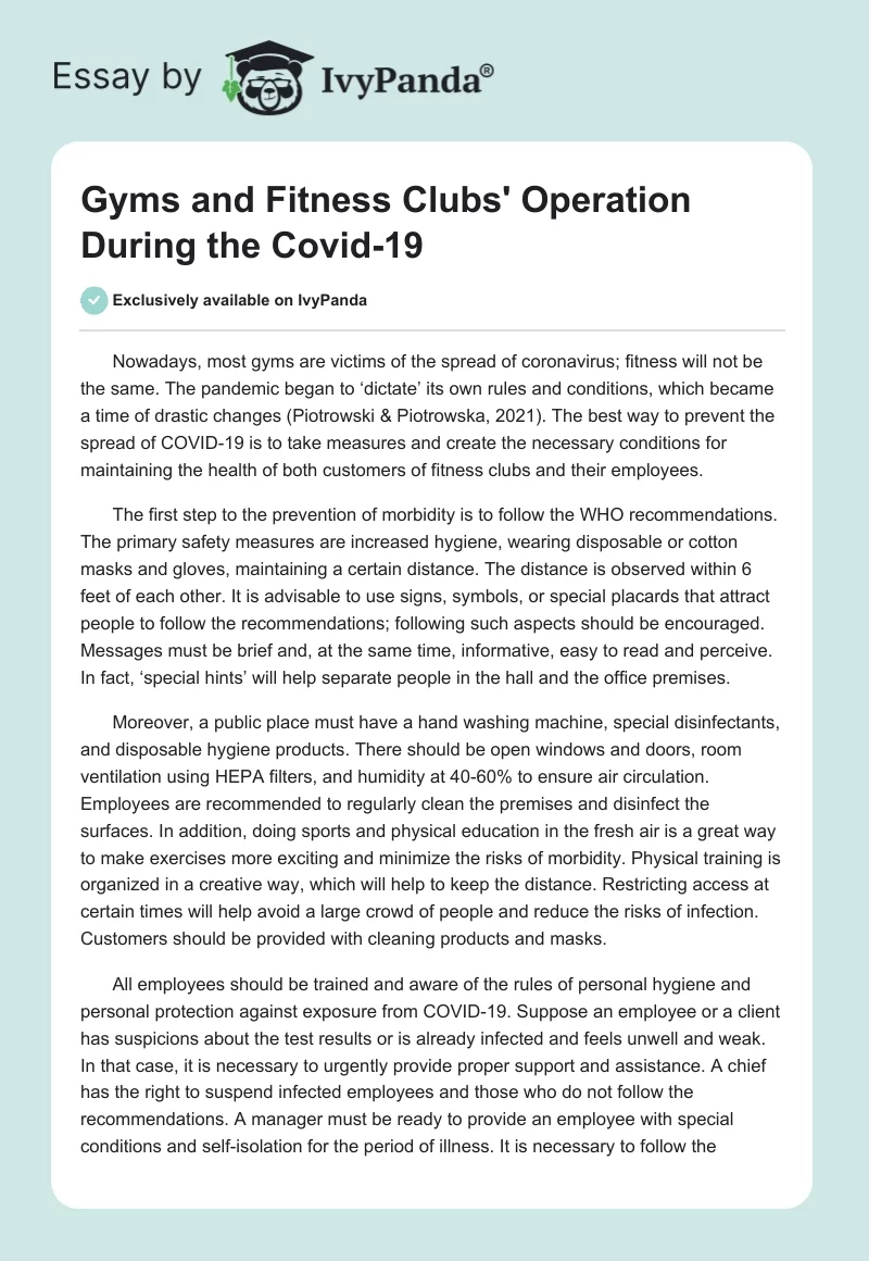 Gyms and Fitness Clubs' Operation During the Covid-19. Page 1