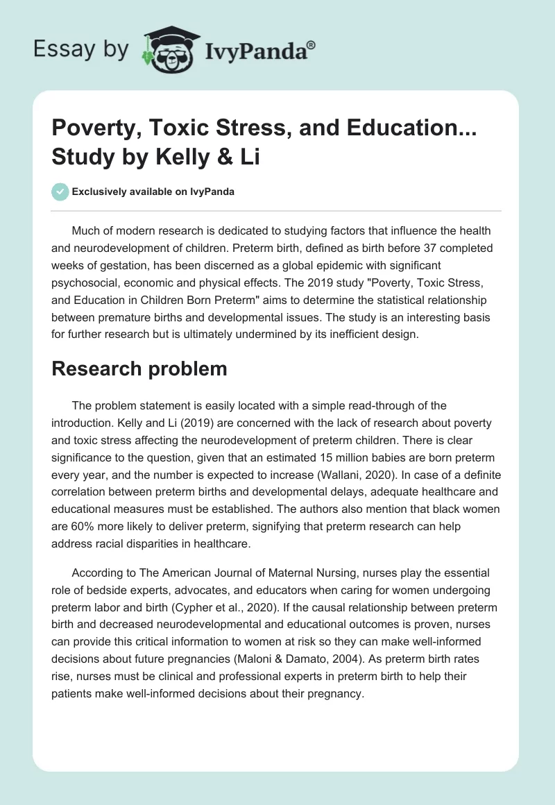 "Poverty, Toxic Stress, and Education..." Study by Kelly & Li. Page 1