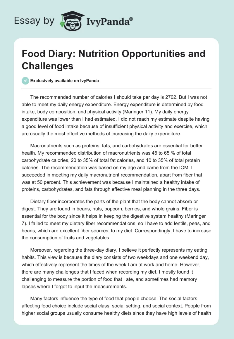 Food Diary: Nutrition Opportunities and Challenges. Page 1